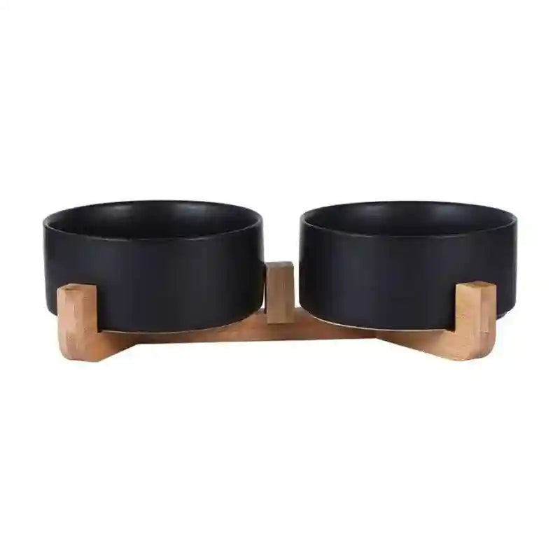 Ceramic Cat Bowl Set Elevated Double Pet Bowls with Bamboo Stand