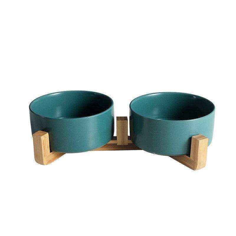 Ceramic Cat Bowl Set Elevated Double Pet Bowls with Bamboo Stand
