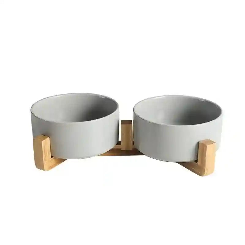 Ceramic Cat Bowl Set Elevated Double Pet Bowls with Bamboo Stand