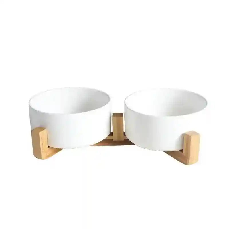 Ceramic Cat Bowl Set Elevated Double Pet Bowls with Bamboo Stand