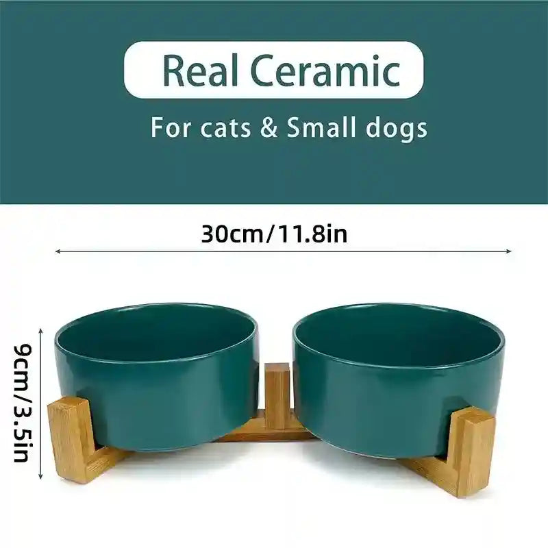 Ceramic Cat Bowl Set Elevated Double Pet Bowls with Bamboo Stand