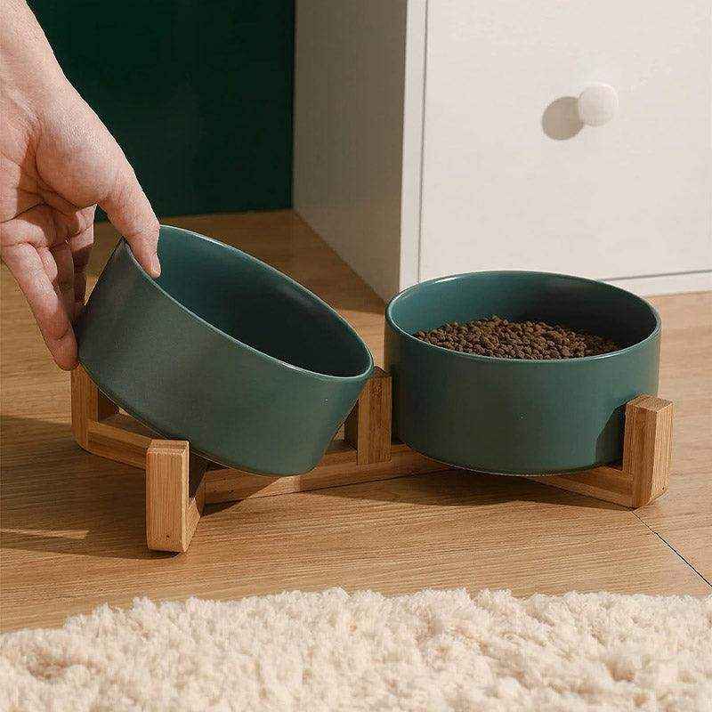 Ceramic Cat Bowl Set Elevated Double Pet Bowls with Bamboo Stand