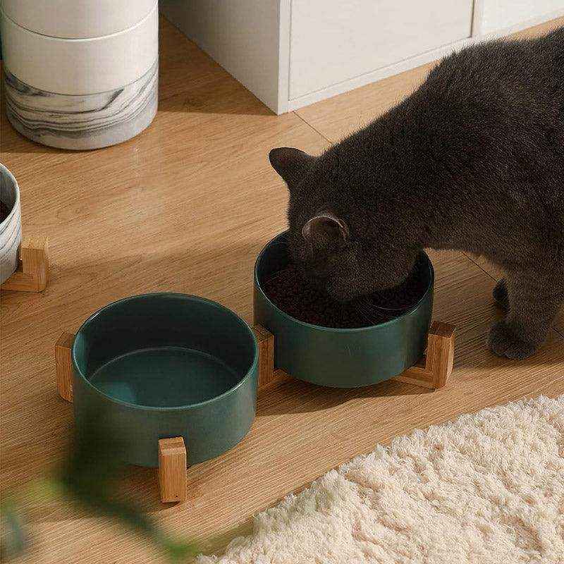 Ceramic Cat Bowl Set Elevated Double Pet Bowls with Bamboo Stand