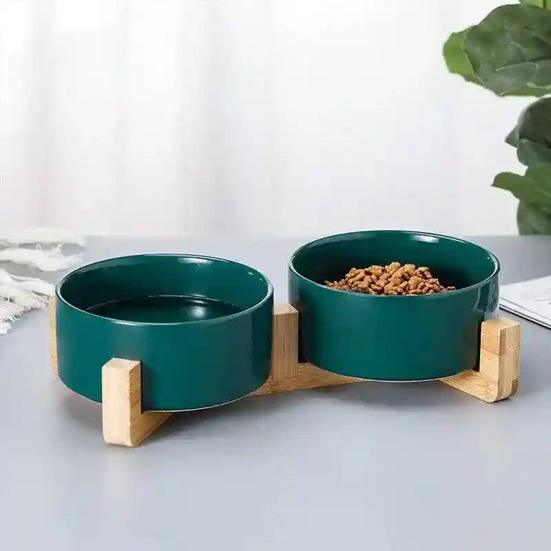 Ceramic Cat Bowl Set Elevated Double Pet Bowls with Bamboo Stand