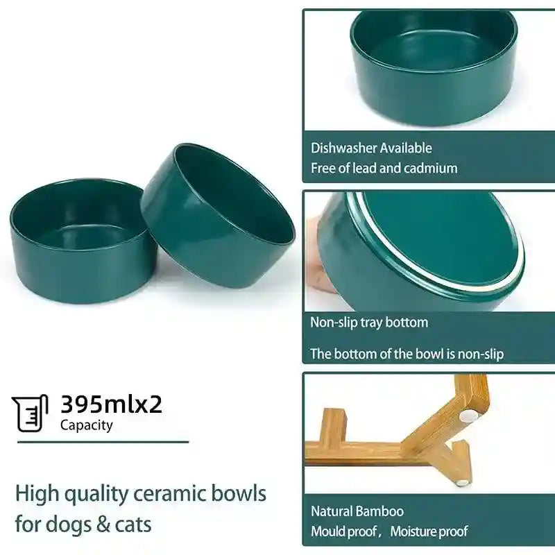 Ceramic Cat Bowl Set Elevated Double Pet Bowls with Bamboo Stand