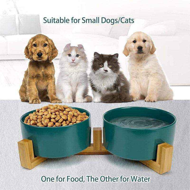 Ceramic Cat Bowl Set Elevated Double Pet Bowls with Bamboo Stand