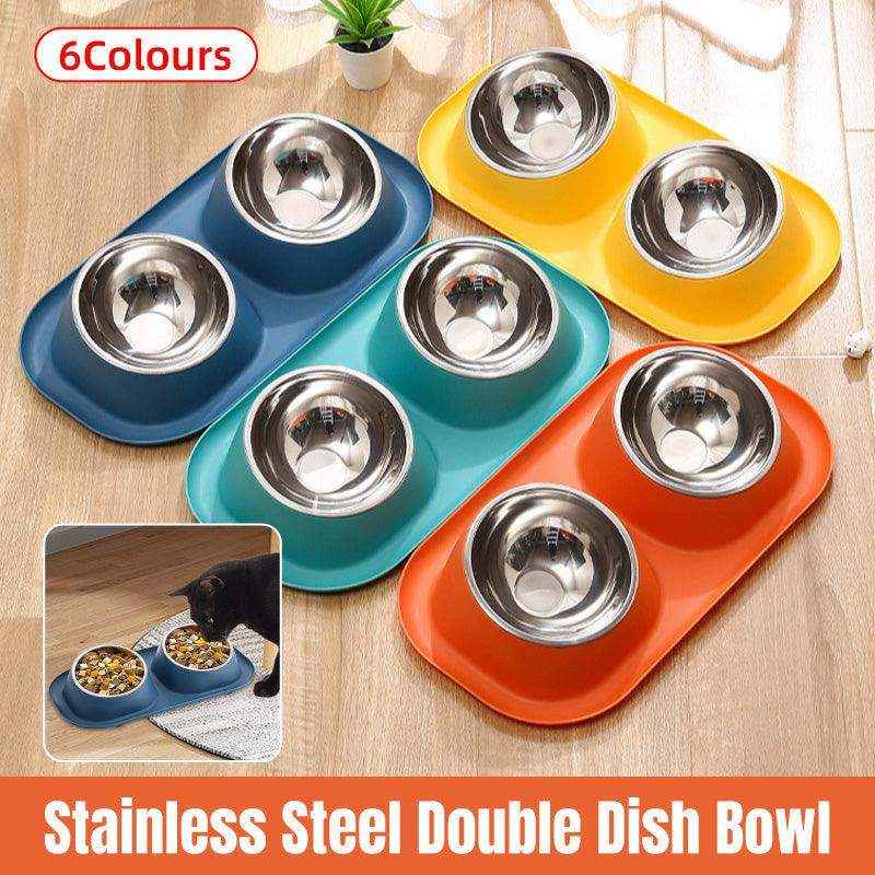 Elevated stainless steel dog bowls with non-slip plastic base