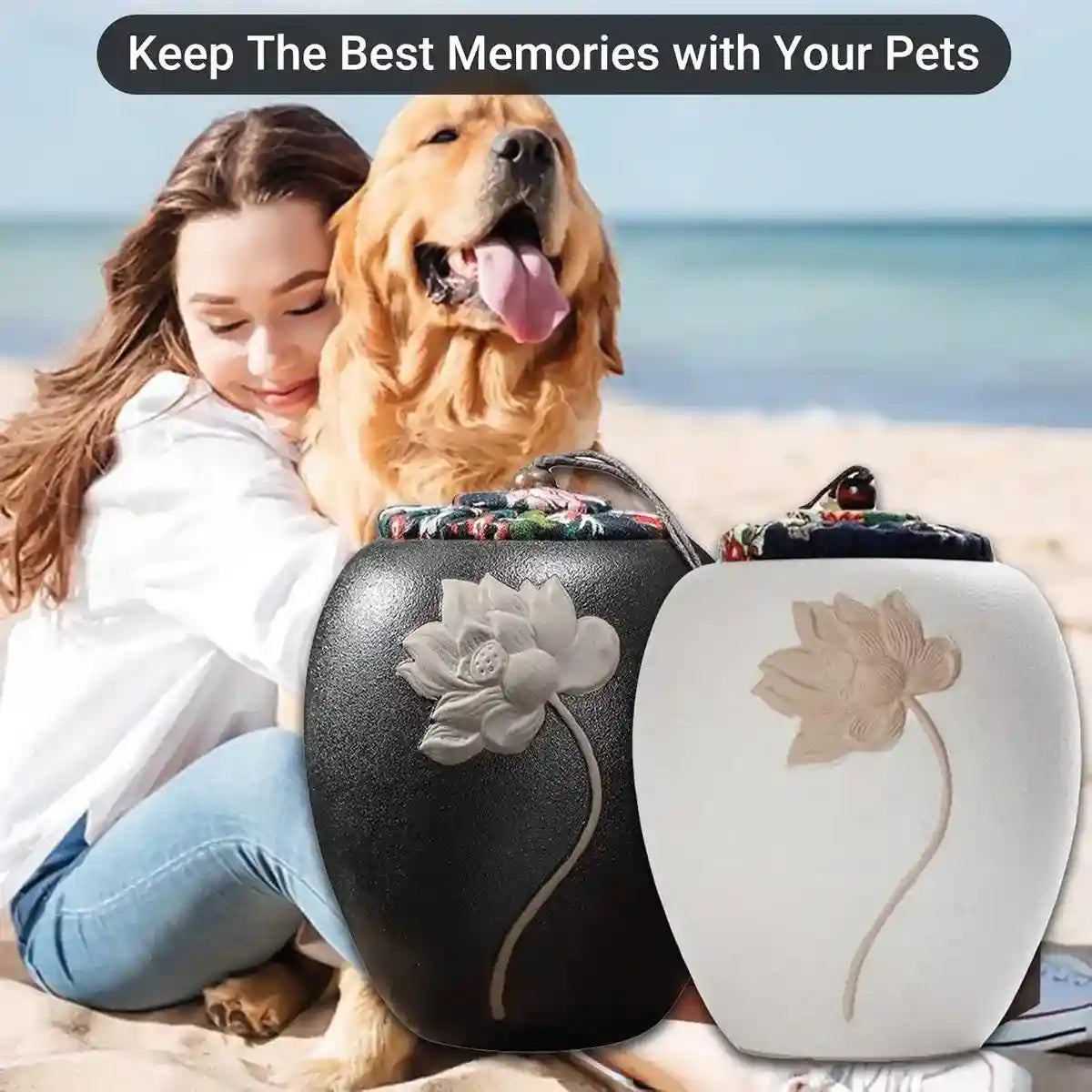Elegant Lotus Design Ceramic Pet Urn for Dog or Cat Ashes