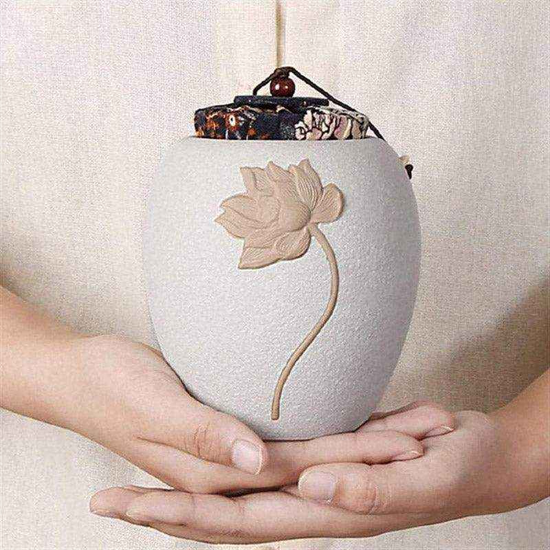 Elegant Lotus Design Ceramic Pet Urn for Dog or Cat Ashes