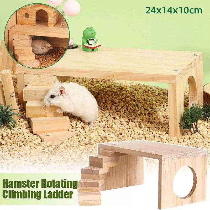 Wooden hamster platform with stairs and hideout