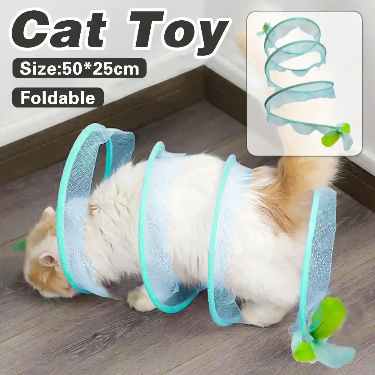 S-type cat tunnel toy with mesh fabric and feather tip for indoor play