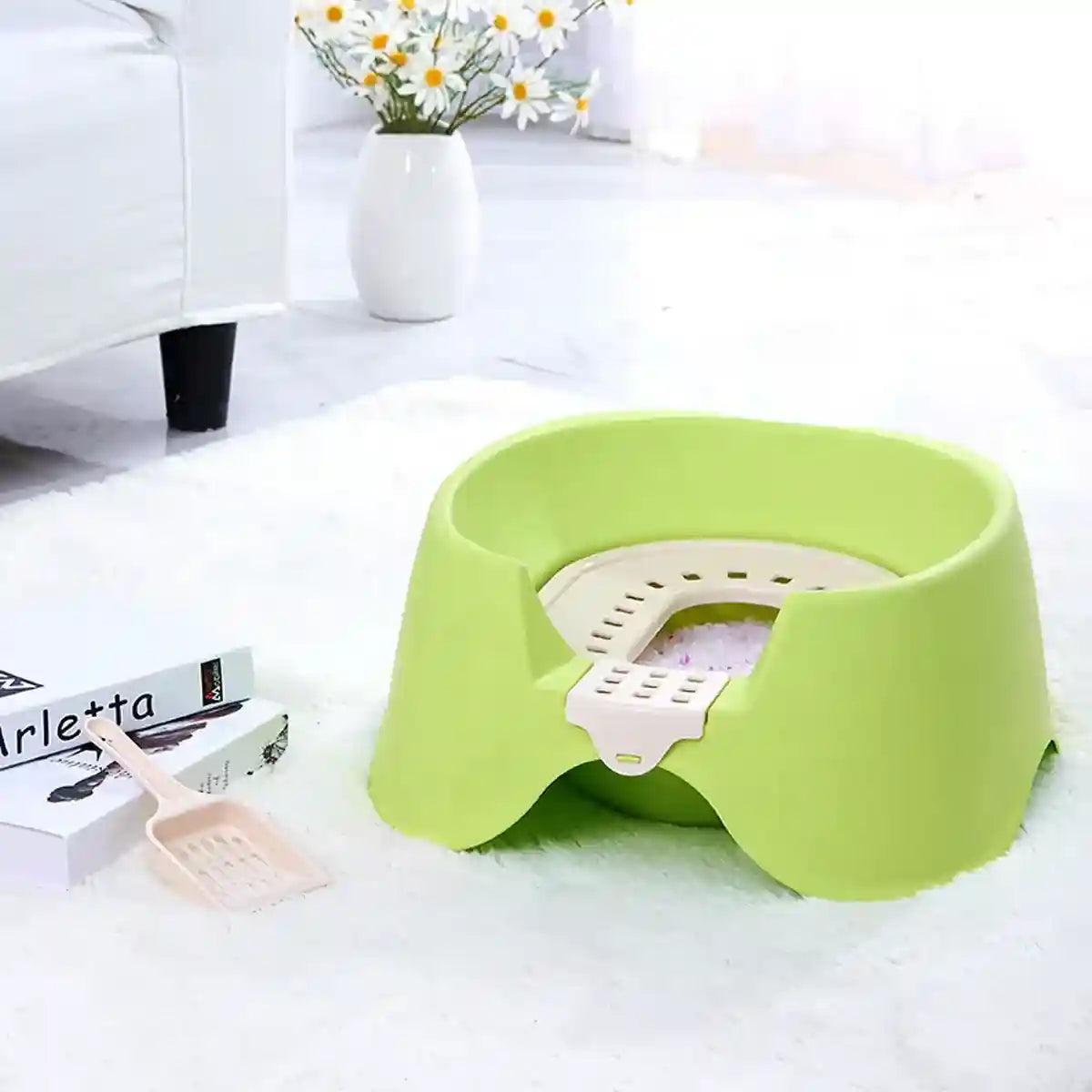 Open Cat Litter Box with Toilet Ring and Scoop Squat Style Design