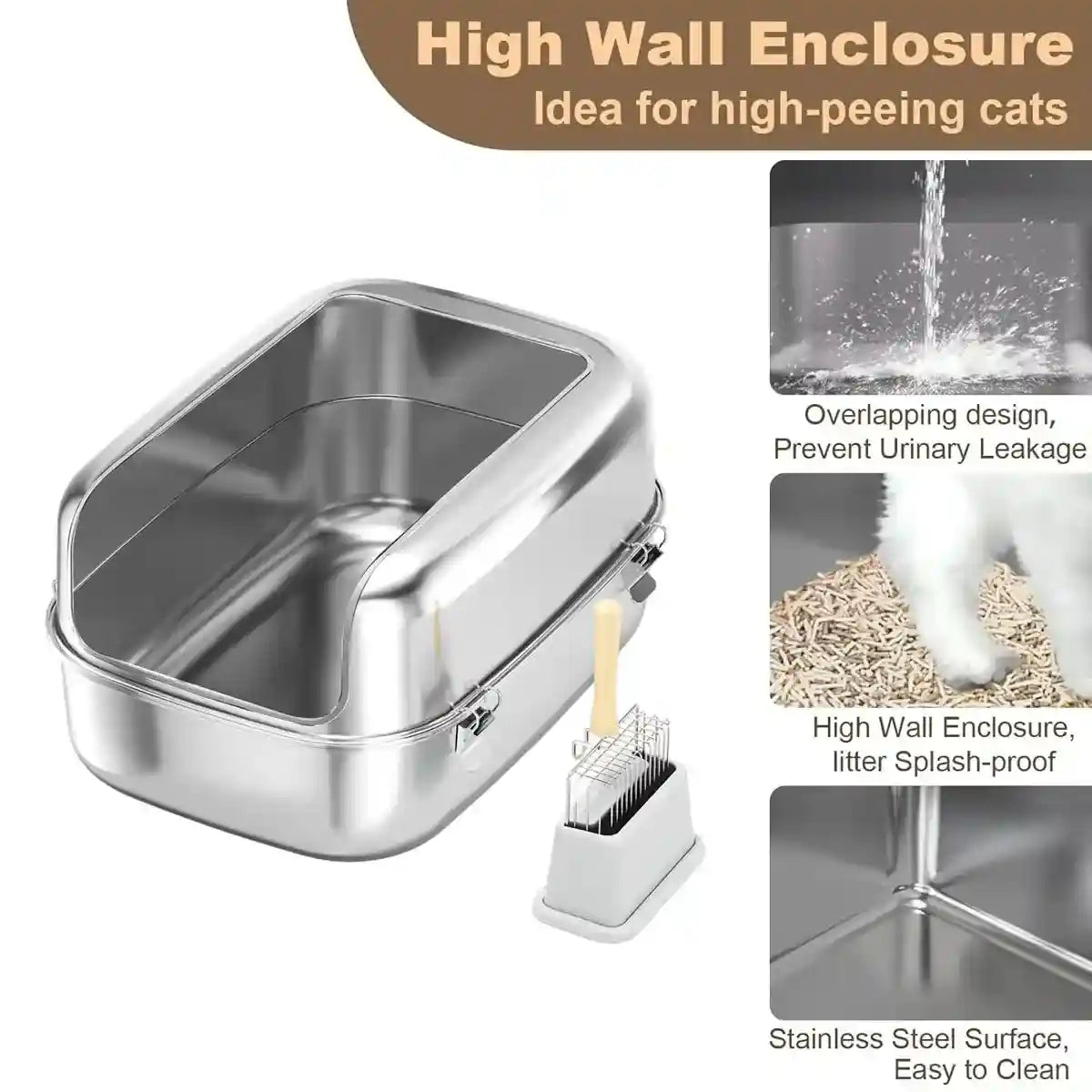 High-Wall Stainless Steel Cat Litter Box With Scoop