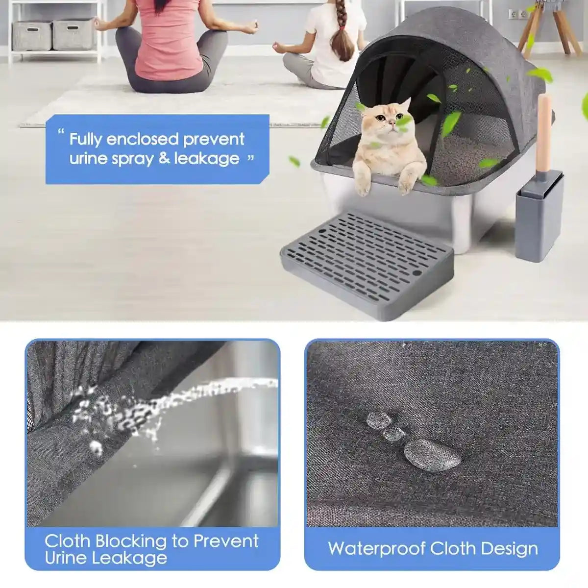 Stainless Steel Cat Litter Box with Covered Canopy & Anti-Tracking Mat