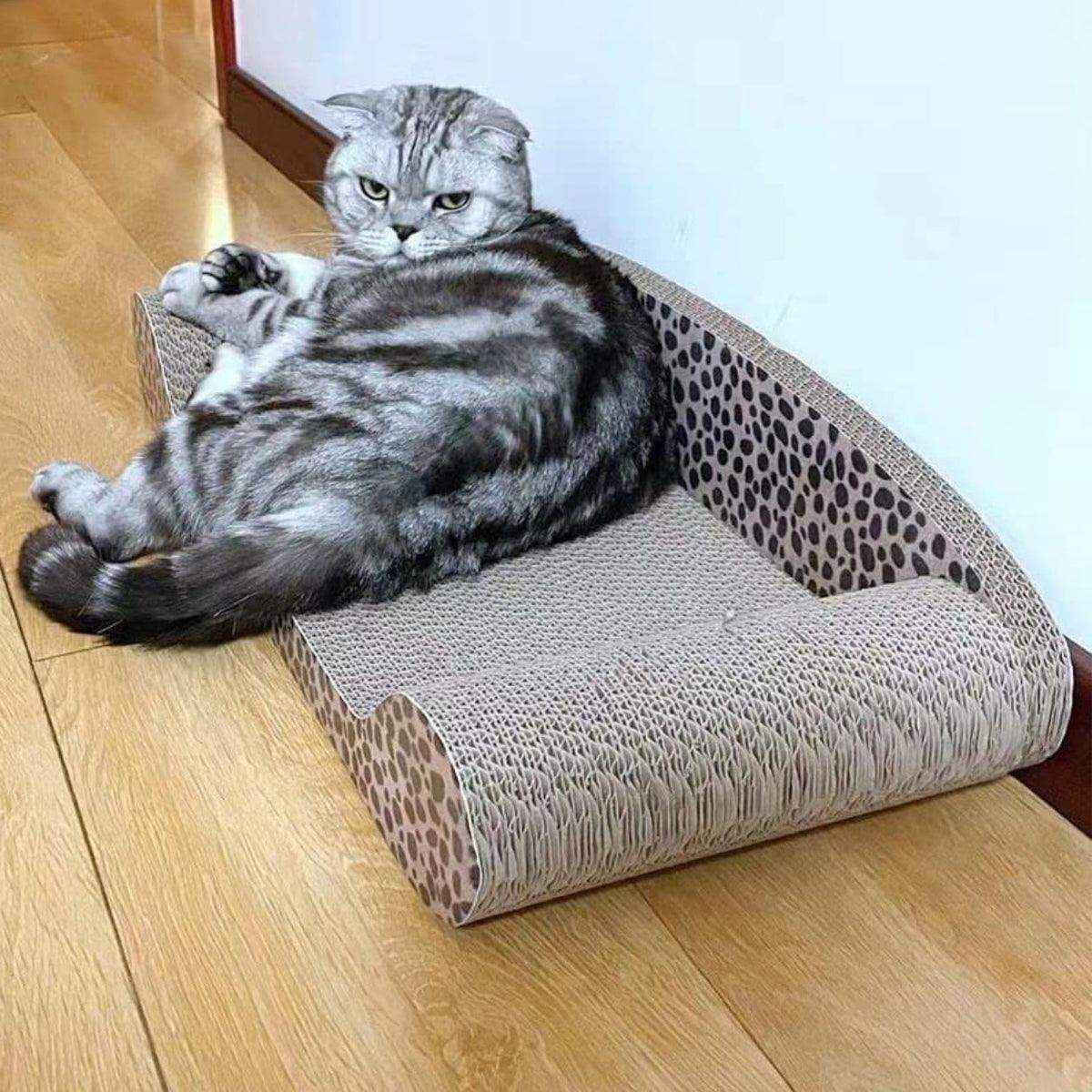 Leopard Print Sofa Lounge with Curved Cat Scratching Pad Surface