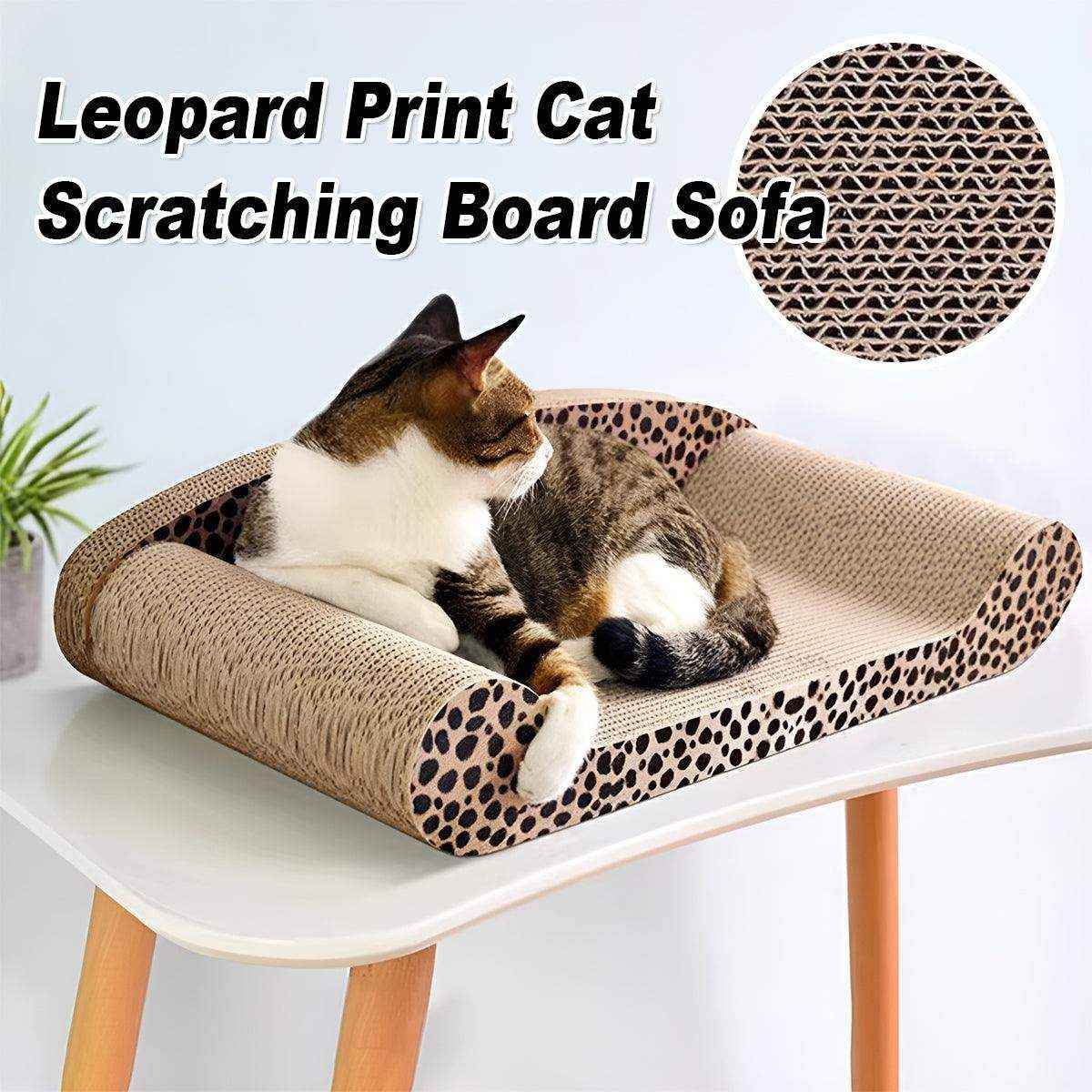 Leopard print cat scratching pad with curved lounge design