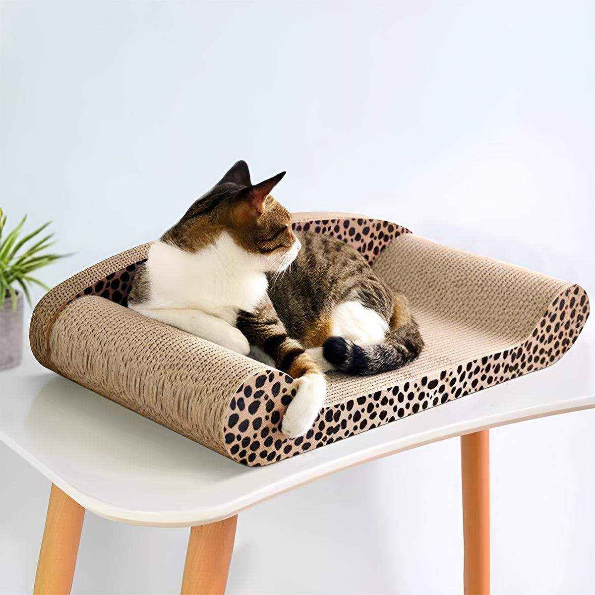 Leopard Print Sofa Lounge with Curved Cat Scratching Pad Surface