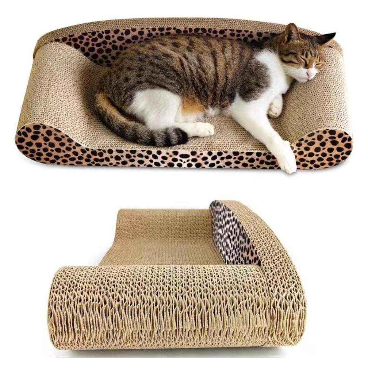 Leopard Print Sofa Lounge with Curved Cat Scratching Pad Surface