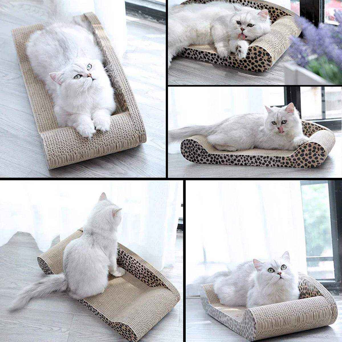 Leopard Print Sofa Lounge with Curved Cat Scratching Pad Surface