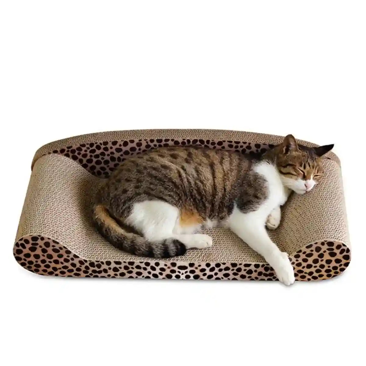 Leopard Print Sofa Lounge with Curved Cat Scratching Pad Surface