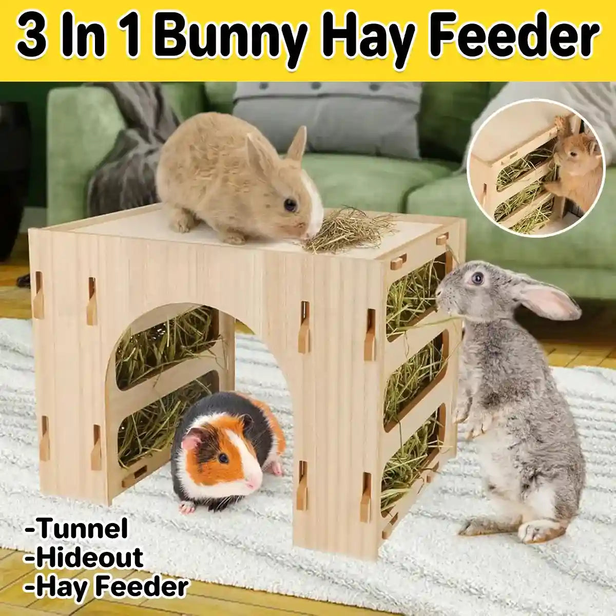 3-in-1 Wooden Hideout Tunnel with Bunny Hay Feeder Rack