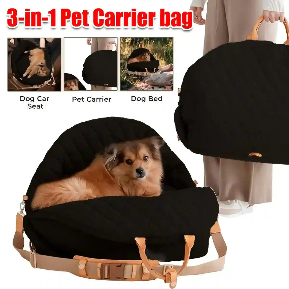 Multi-functional dog carrier bag for travel, car seat safety, and cozy pet resting, ideal for small to medium-sized pets.