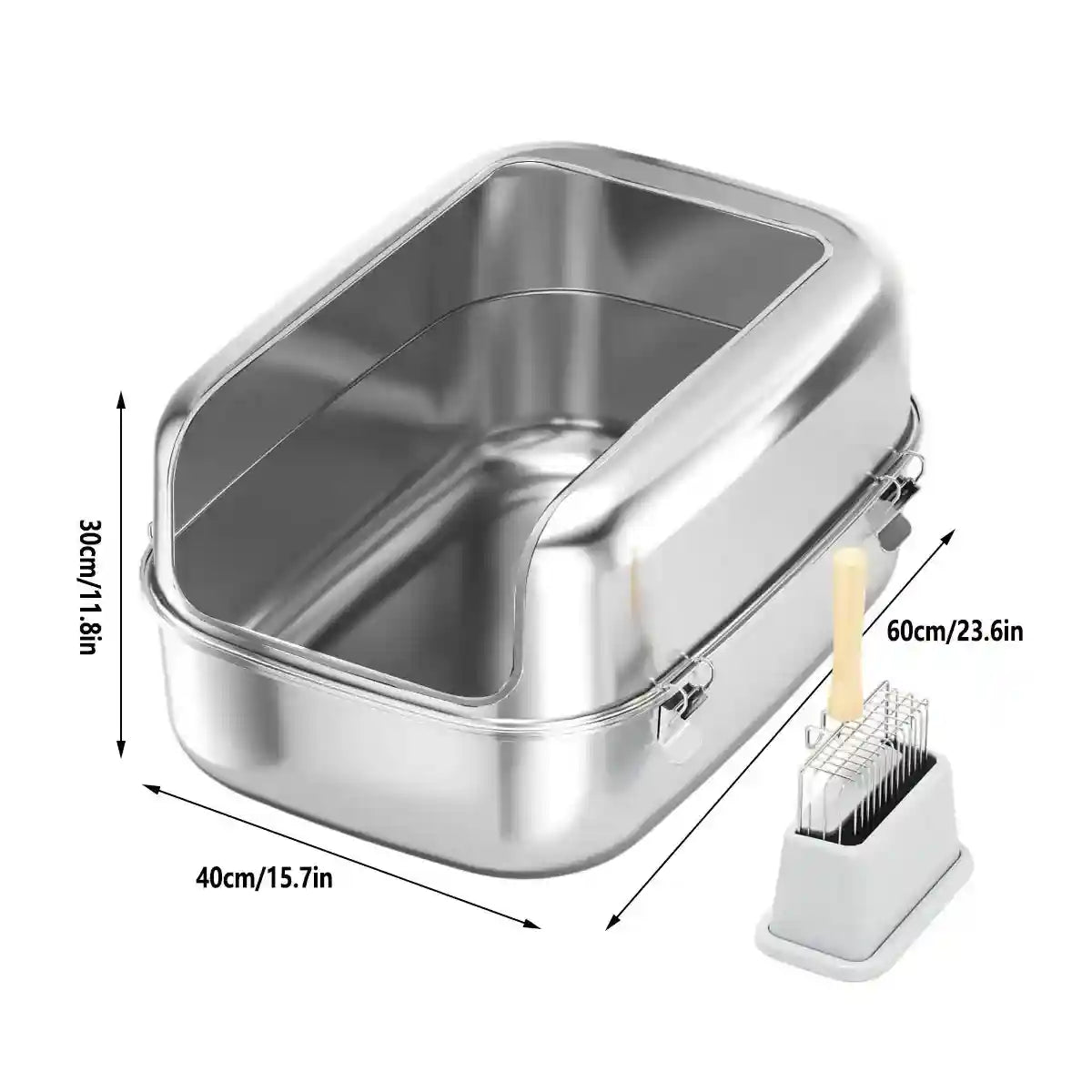 High-Wall Stainless Steel Cat Litter Box With Scoop