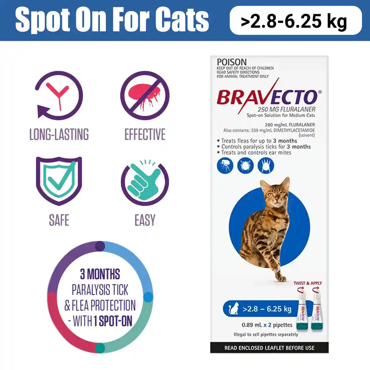 BRAVECTO Spot On For Medium Cats Blue 2'S 250MG 2.8-6.25KG