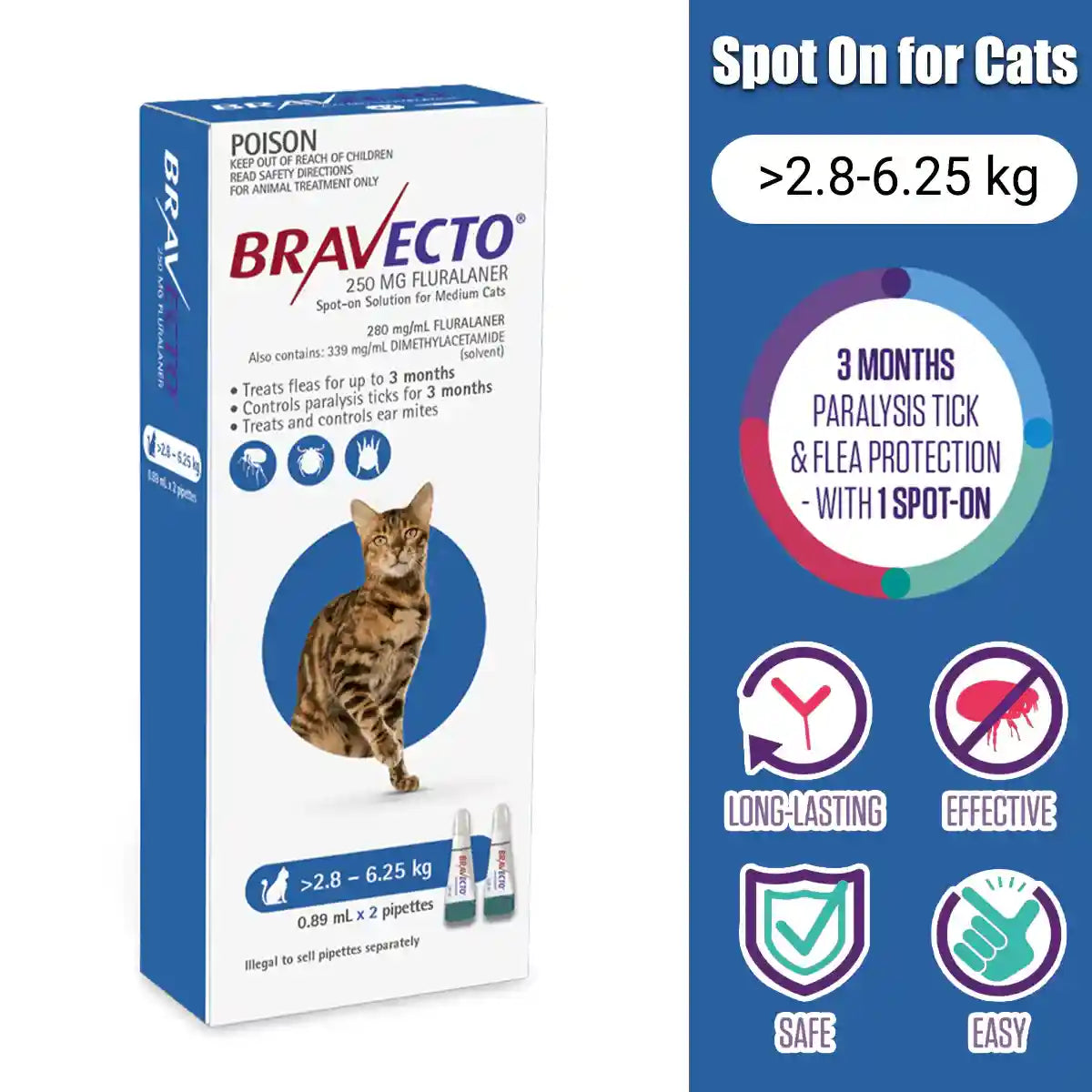 BRAVECTO Spot On For Medium Cats Blue 2'S 250MG 2.8-6.25KG