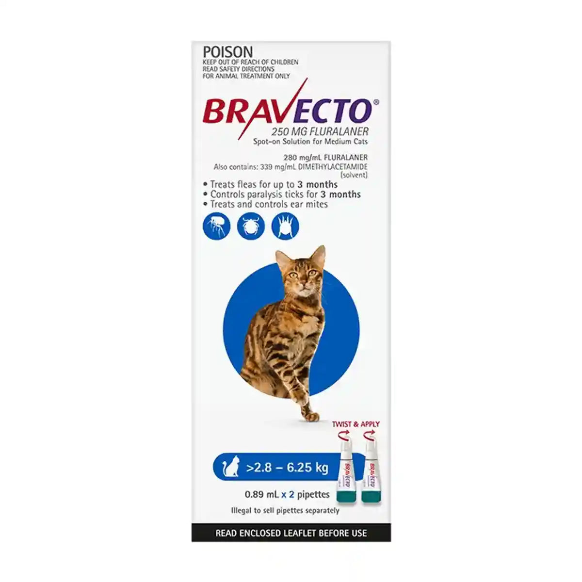 BRAVECTO Spot On For Medium Cats Blue 2'S 250MG 2.8-6.25KG