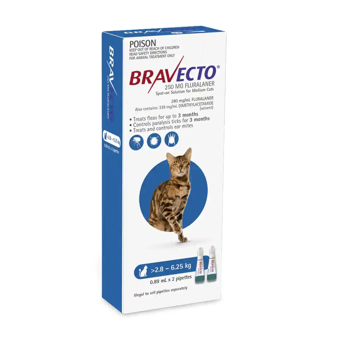 BRAVECTO Spot On For Medium Cats Blue 2'S 250MG 2.8-6.25KG