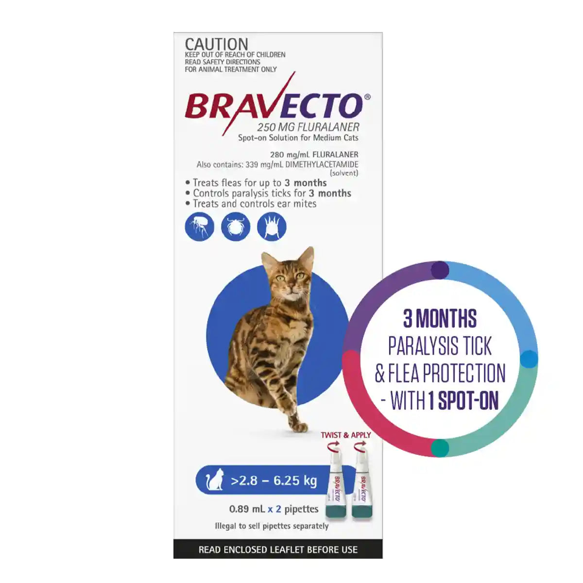 BRAVECTO Spot On For Medium Cats Blue 2'S 250MG 2.8-6.25KG