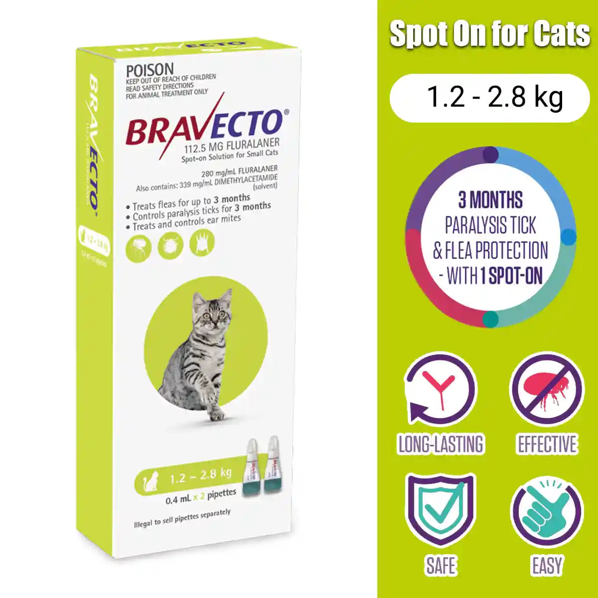 BRAVECTO Spot On For Small Cats Green 2'S SMALL 112.5MG 1.2-2.8KG