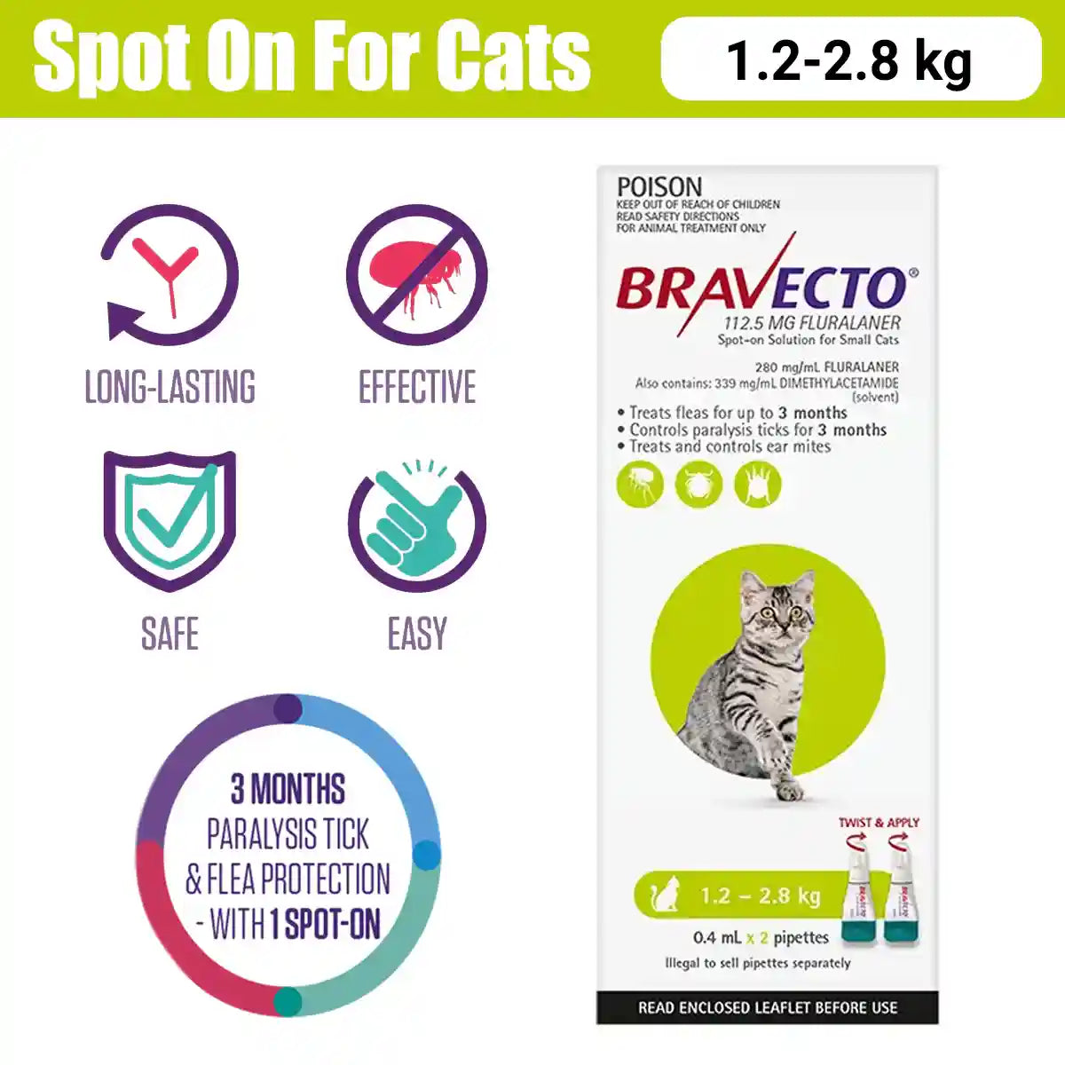 BRAVECTO Spot On For Small Cats Green 2'S SMALL 112.5MG 1.2-2.8KG