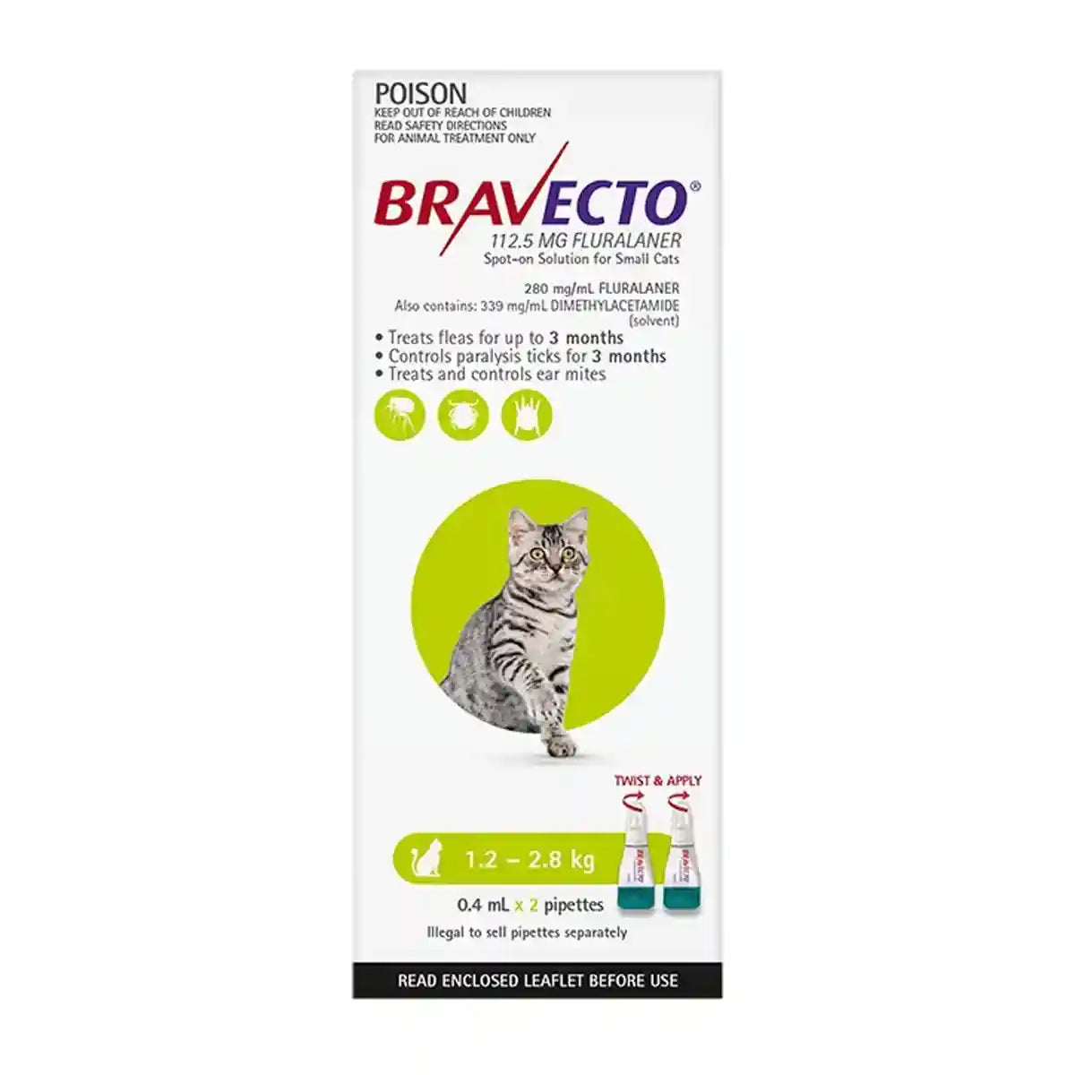 BRAVECTO Spot On For Small Cats Green 2'S SMALL 112.5MG 1.2-2.8KG
