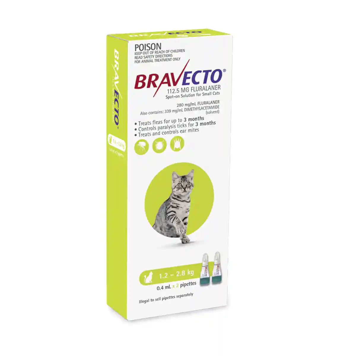 BRAVECTO Spot On For Small Cats Green 2'S SMALL 112.5MG 1.2-2.8KG