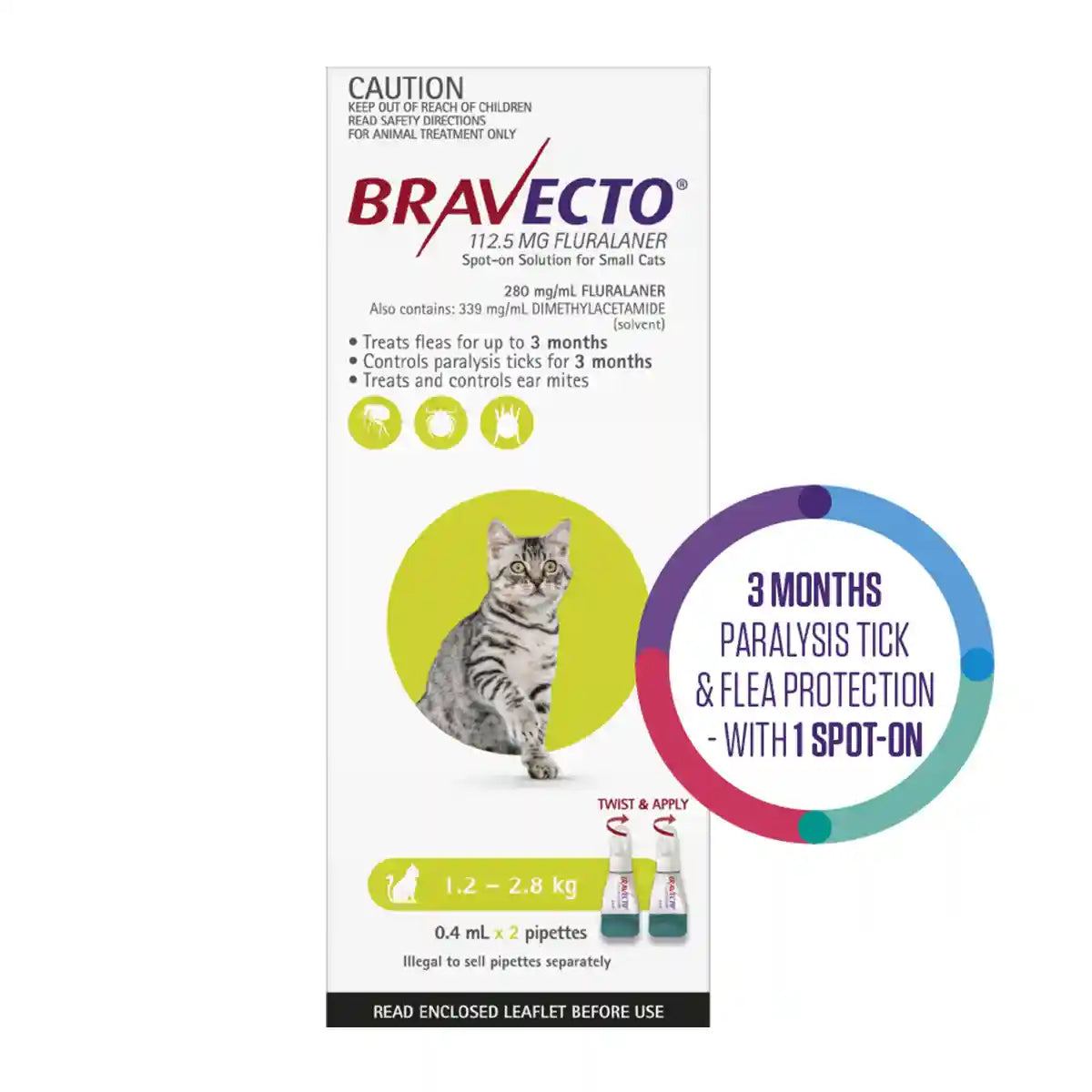 BRAVECTO Spot On For Small Cats Green 2'S SMALL 112.5MG 1.2-2.8KG