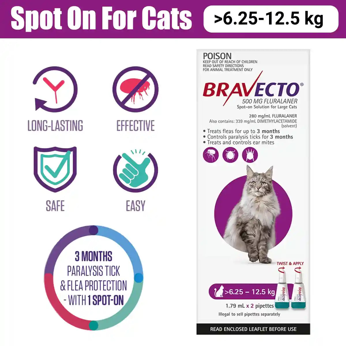 BRAVECTO Spot On For Cats Purple 6.25-12.5KG 2S
