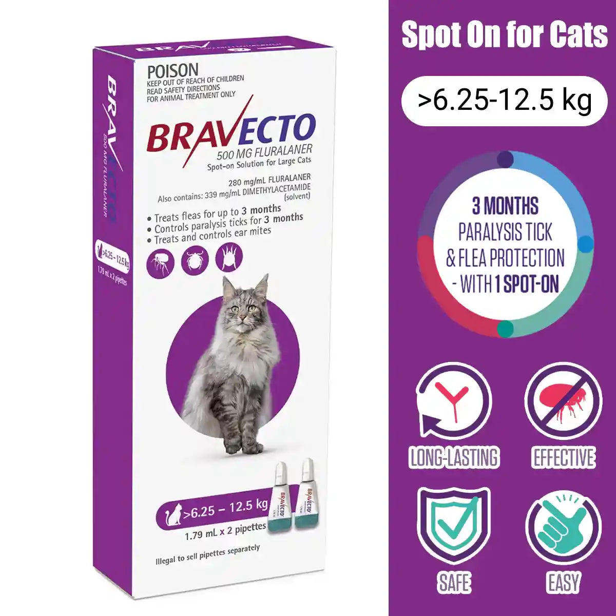 BRAVECTO Spot On For Cats Purple 6.25-12.5KG 2S