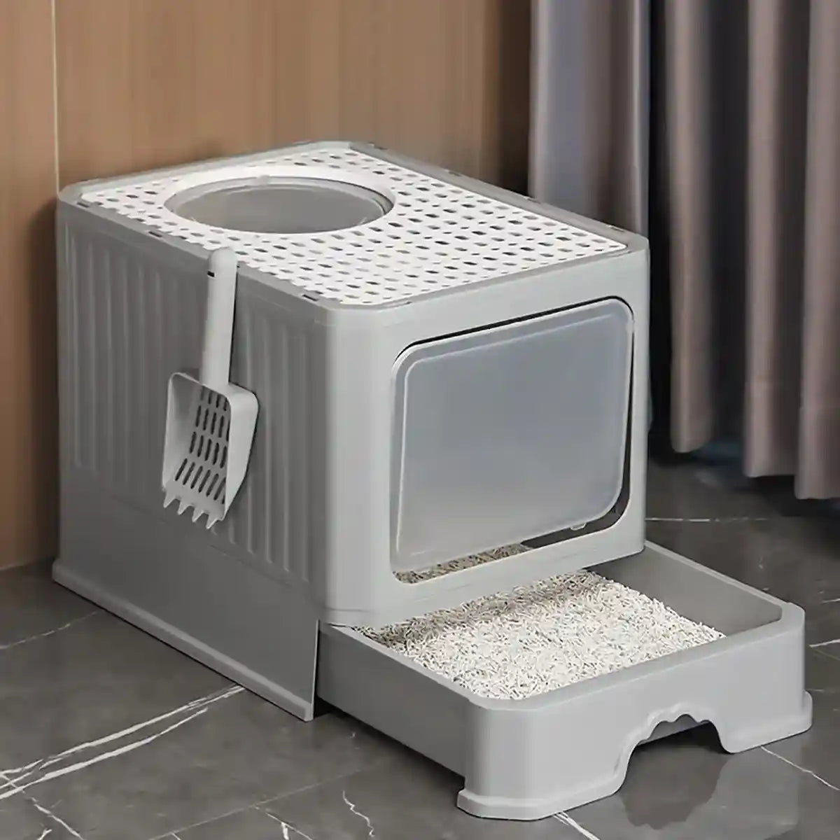 Fully Enclosed Cat Litter Box with Drawer and Scoop