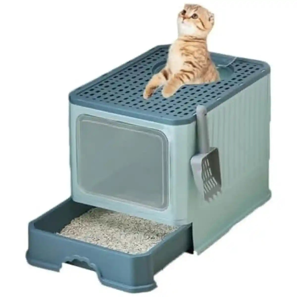 Fully Enclosed Cat Litter Box with Drawer and Scoop