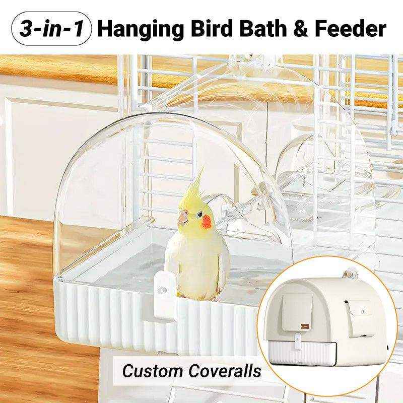 3-in-1 Hanging Bird Bath & Feeder Transparent Bird Cage Bath