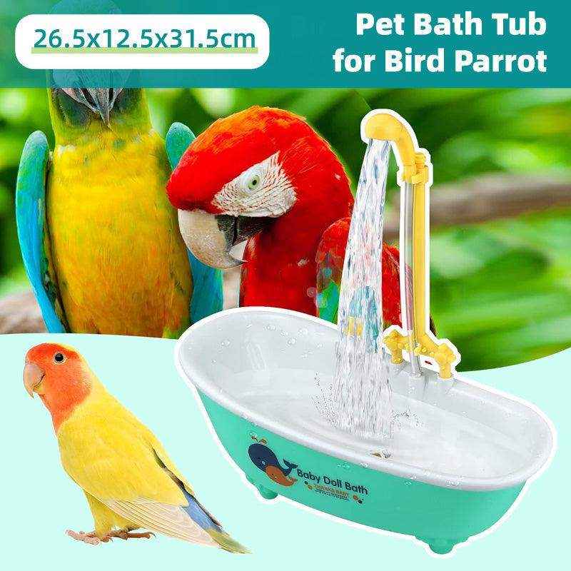 Bird cage bathtub with automatic water circulation system, suitable for small pet birds.