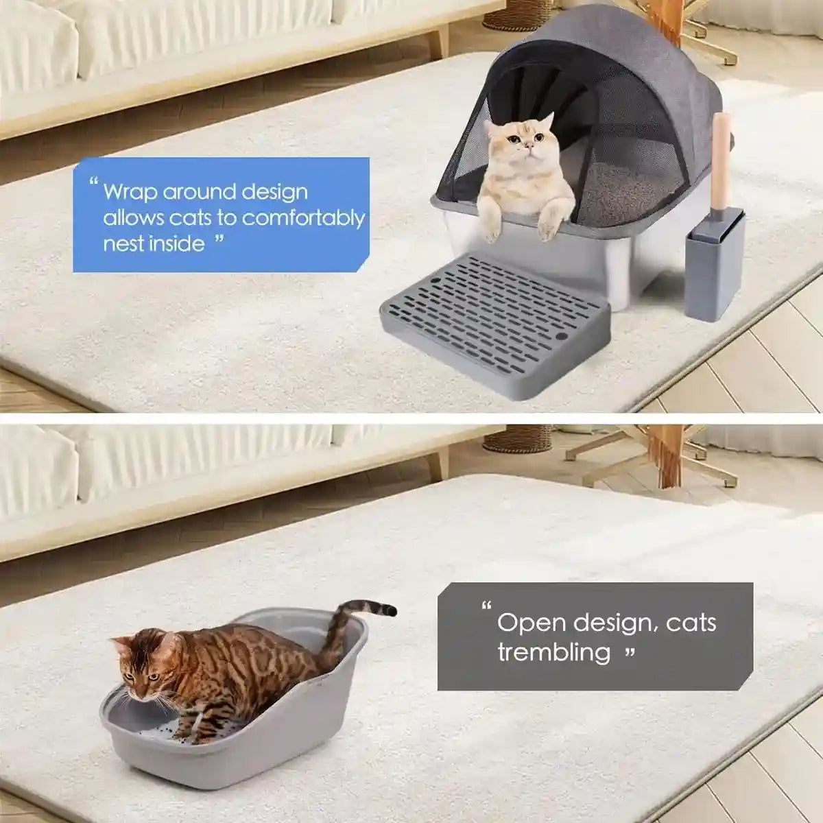 Stainless Steel Cat Litter Box with Covered Canopy & Anti-Tracking Mat