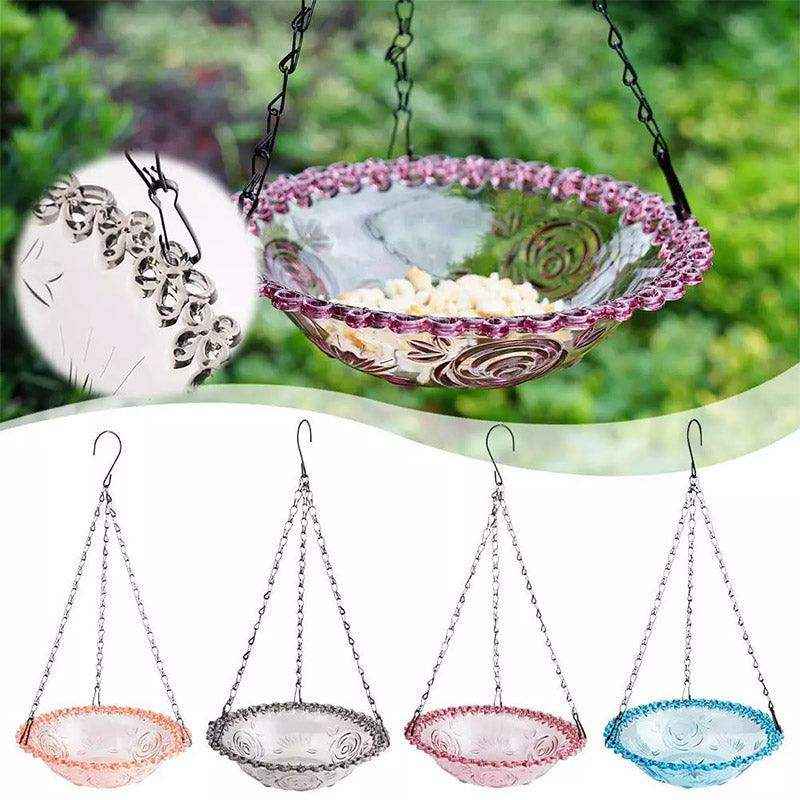 Hanging Glass Bird Feeder Decorative Outdoor Bird Feeding Bowl with Metal Chain