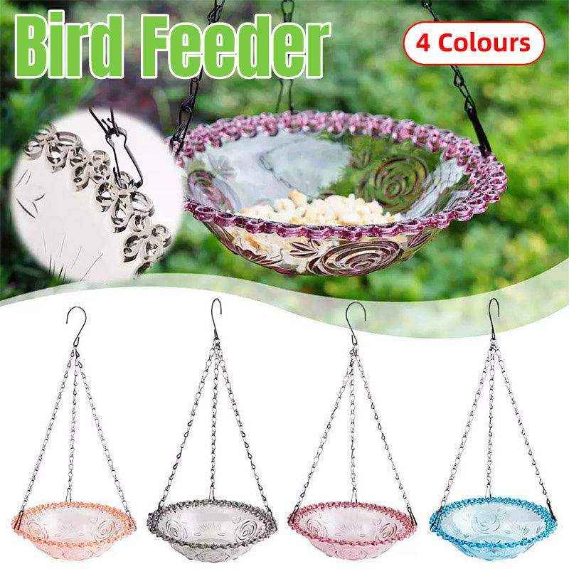 Hanging Glass Bird Feeder Decorative Outdoor Bird Feeding Bowl with Metal Chain