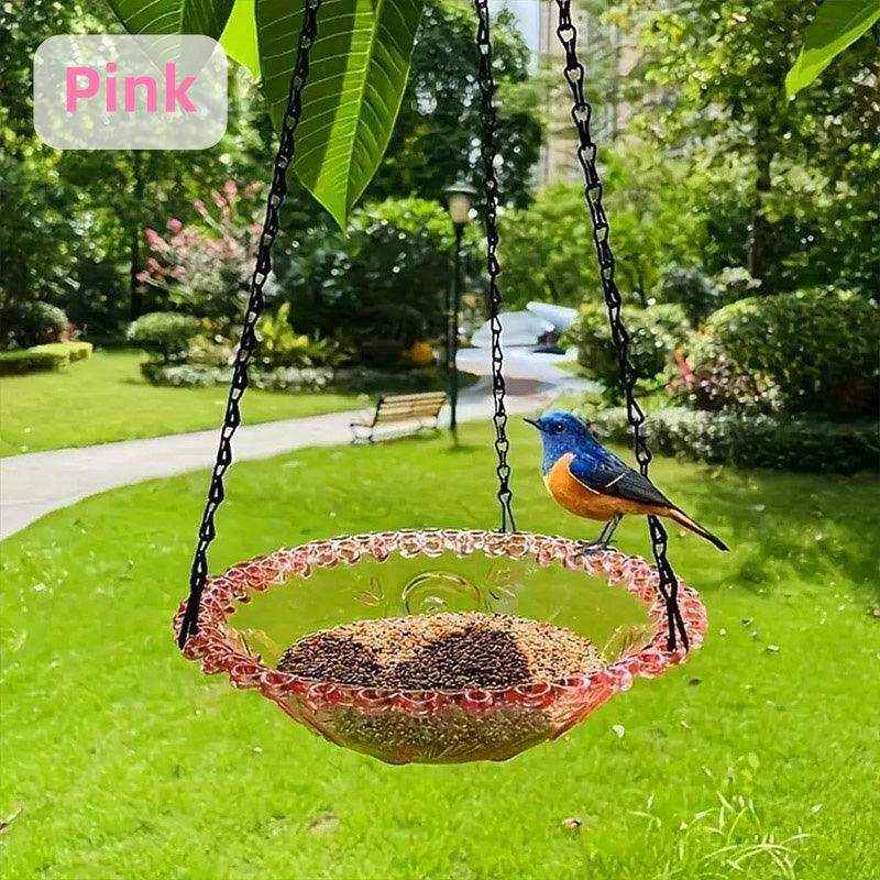 Hanging Glass Bird Feeder Decorative Outdoor Bird Feeding Bowl with Metal Chain