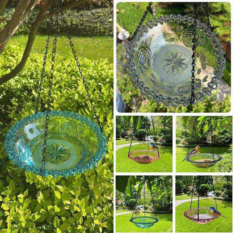 Hanging Glass Bird Feeder Decorative Outdoor Bird Feeding Bowl with Metal Chain