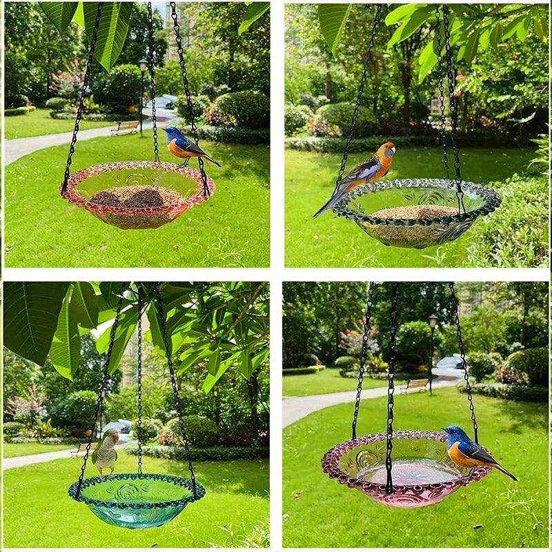 Hanging Glass Bird Feeder Decorative Outdoor Bird Feeding Bowl with Metal Chain