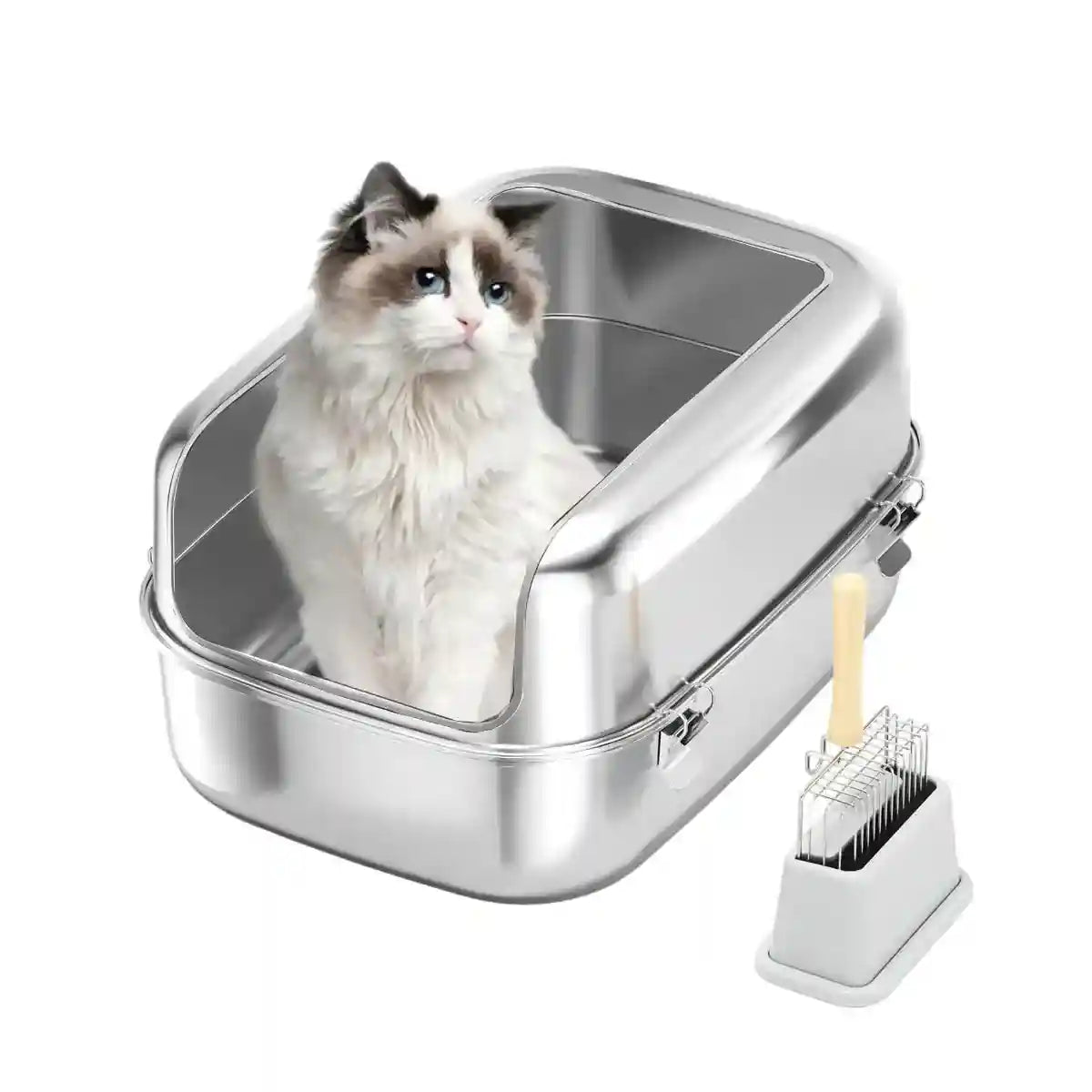 High-Wall Stainless Steel Cat Litter Box With Scoop